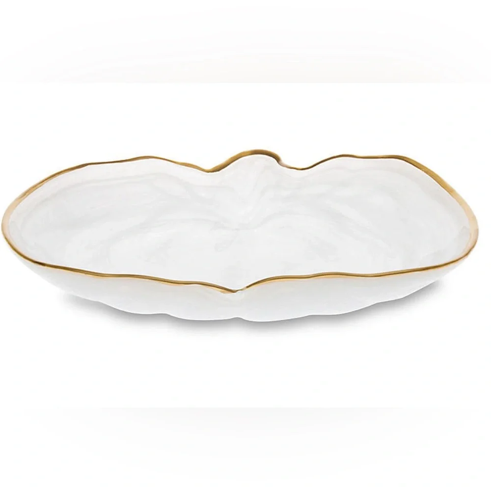 Vietri Alabaster Glass White Gold Edge Pumpkin Large Plate